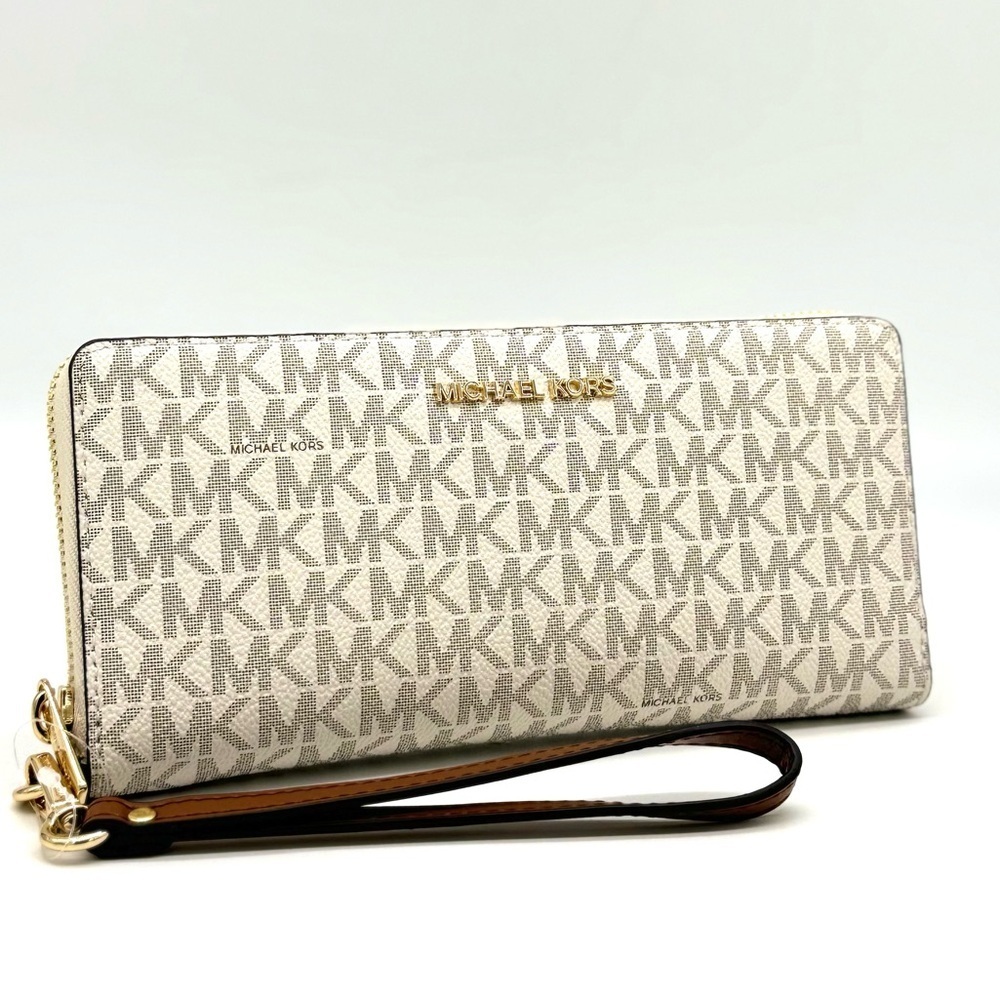 Michael Kors Large Travel Continental Wallet Wristlet Vanilla/Brown - Picture 3 of 9